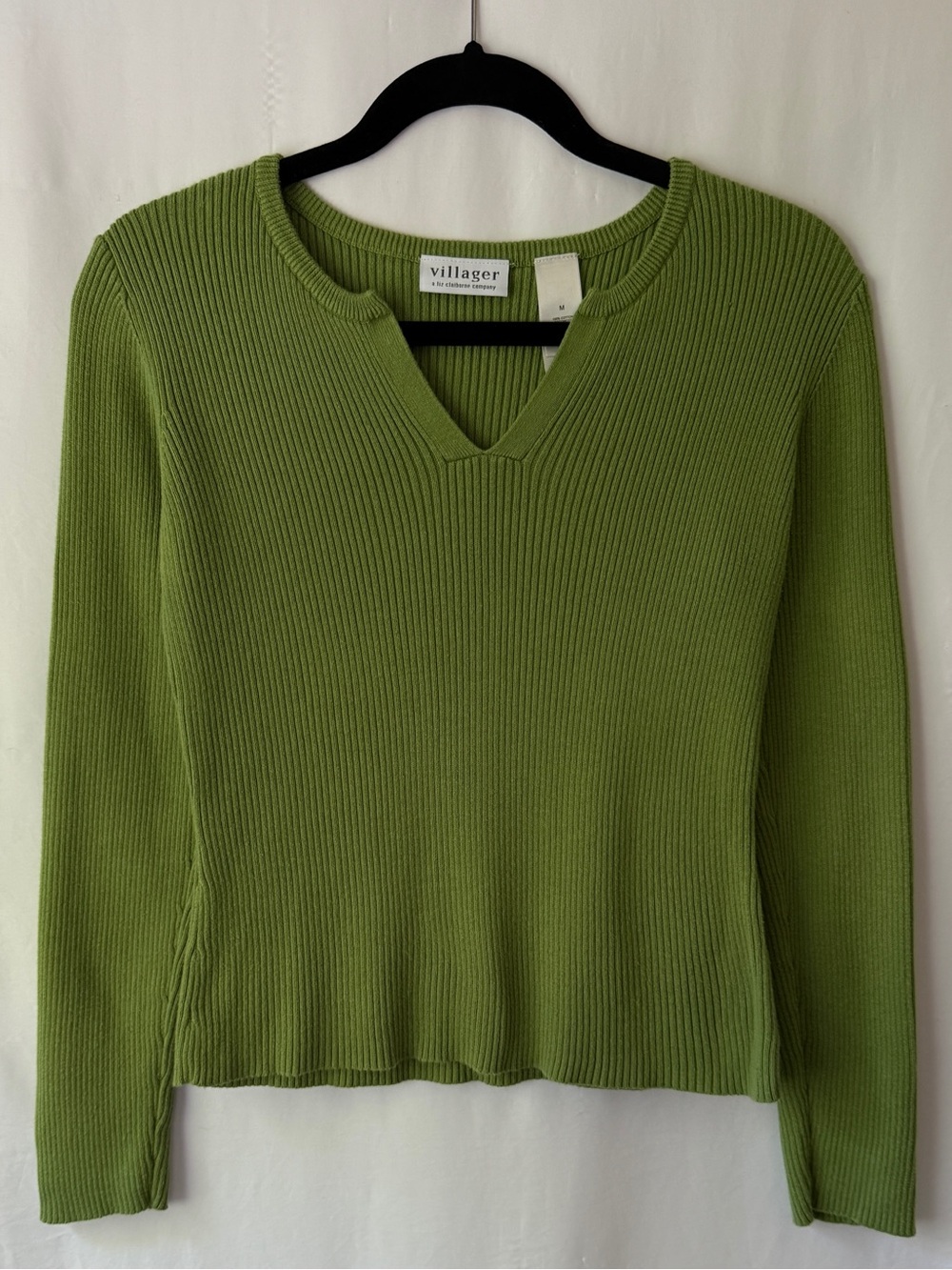 Vintage Liz Claiborne Green Ribbed V-Neck Sweater 100% Cotton